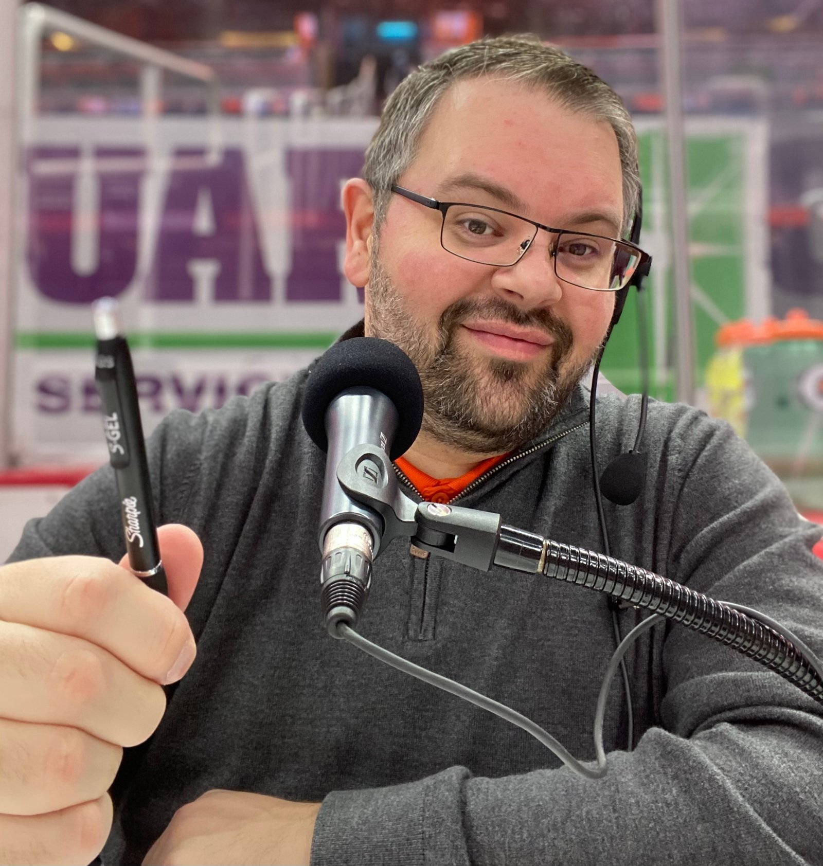 Bryan on headset mic during a Solar Bears PA shift