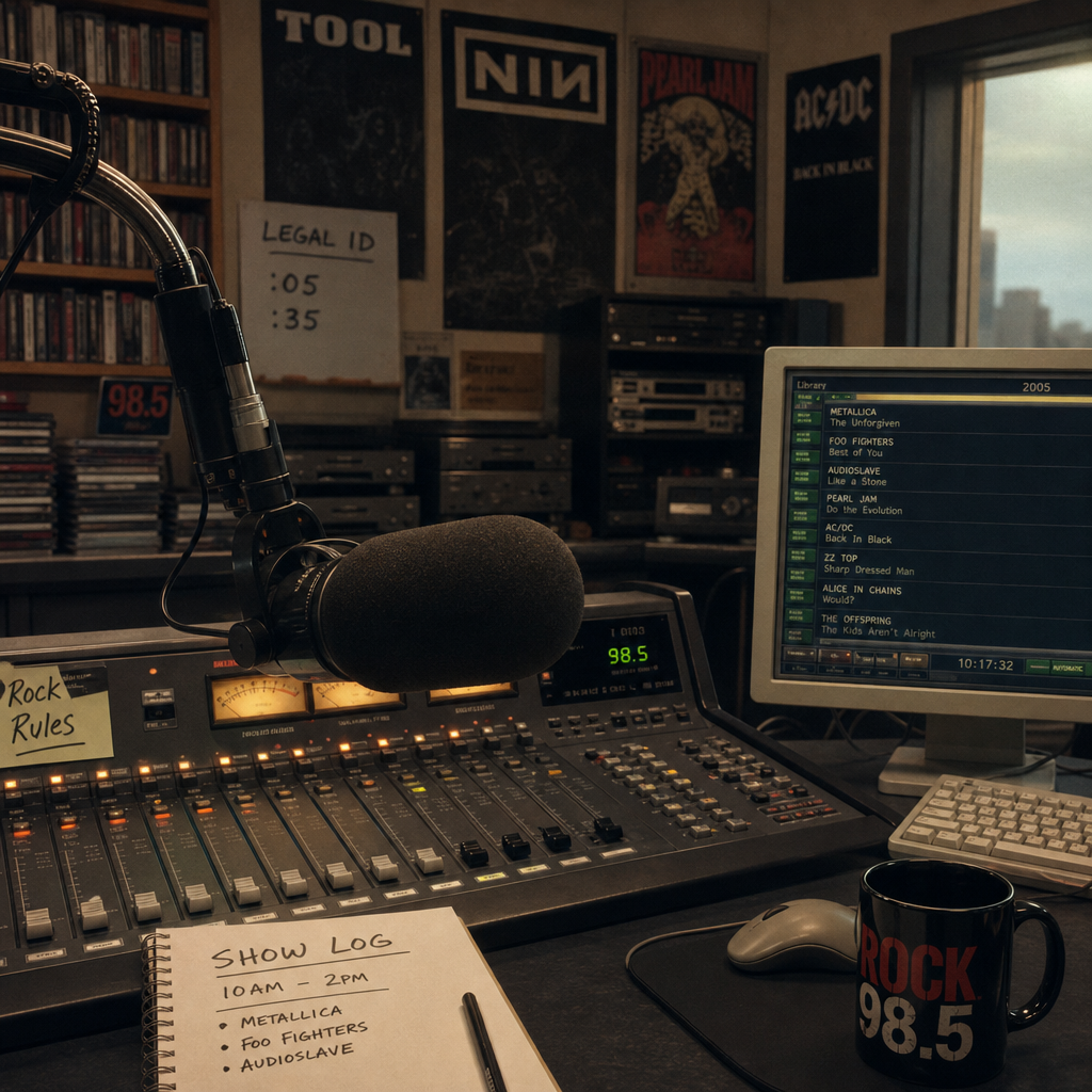 Rock station on-air studio board and library