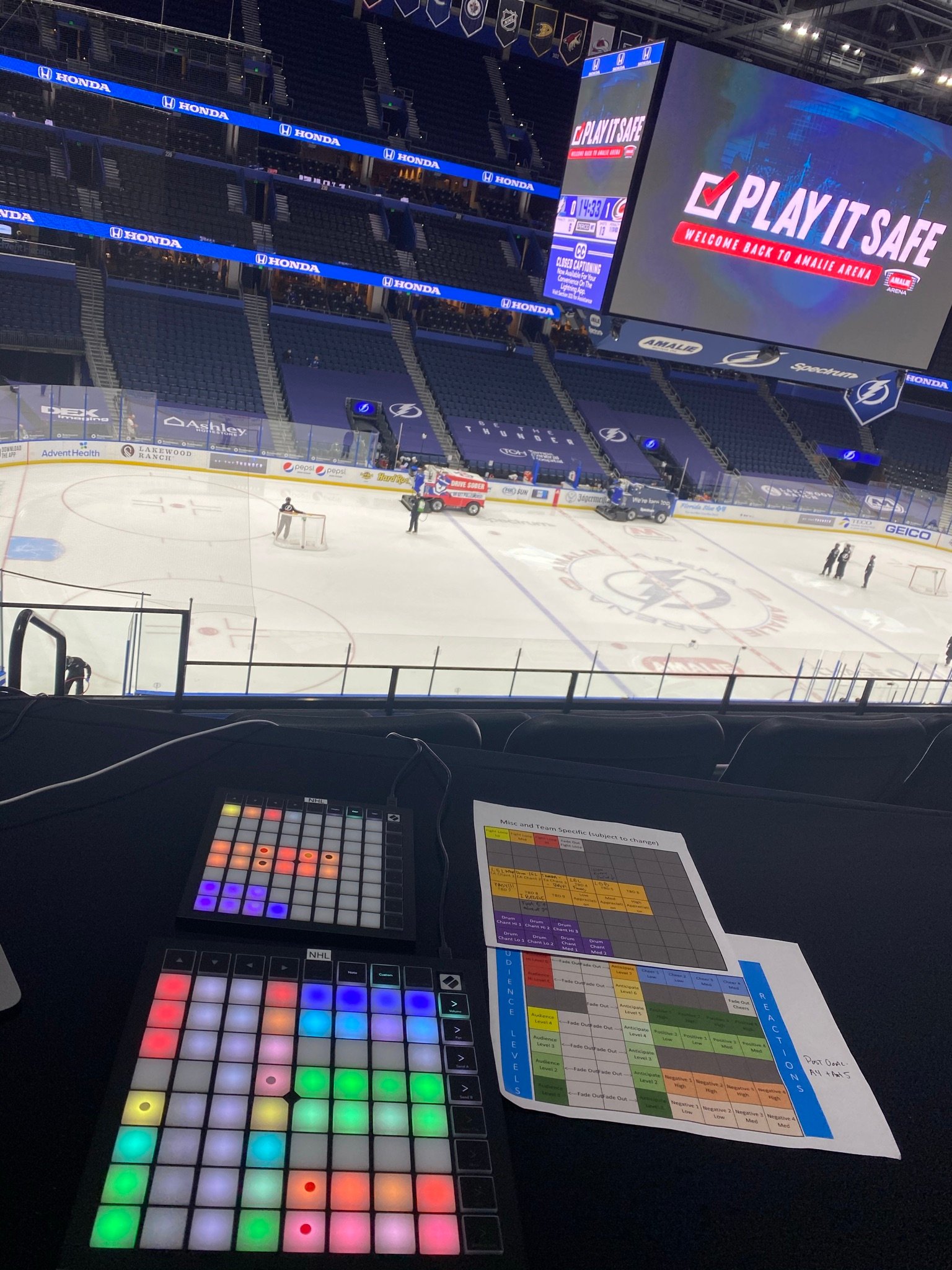 Amalie Arena scoreboard and ice before a Tampa Bay Lightning game