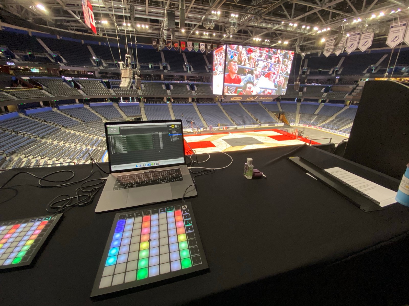 Sound sweetener rig set up courtside for a Toronto Raptors game
