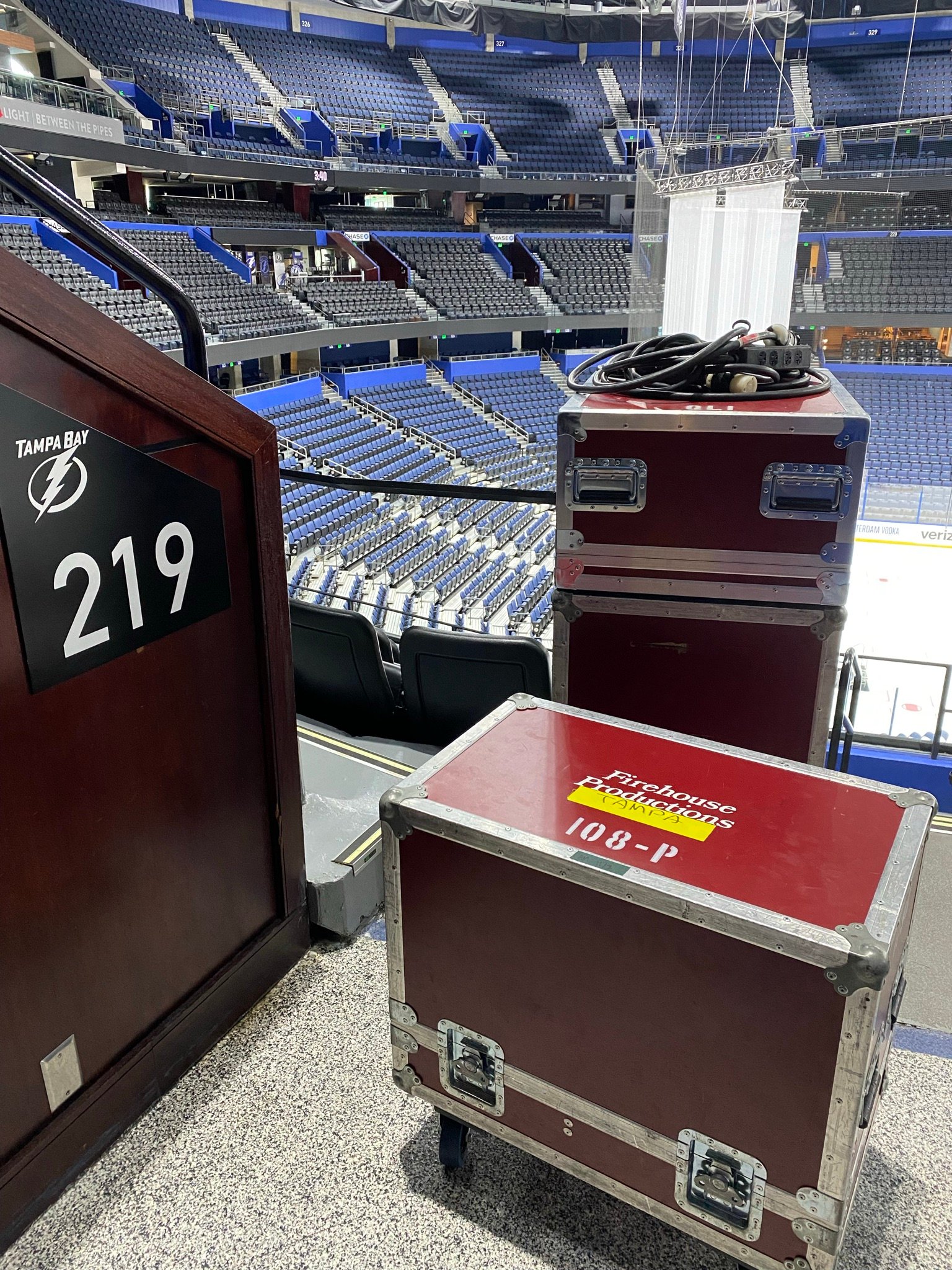 Sound sweetener road cases packed up next to the Tampa Bay Lightning suite level
