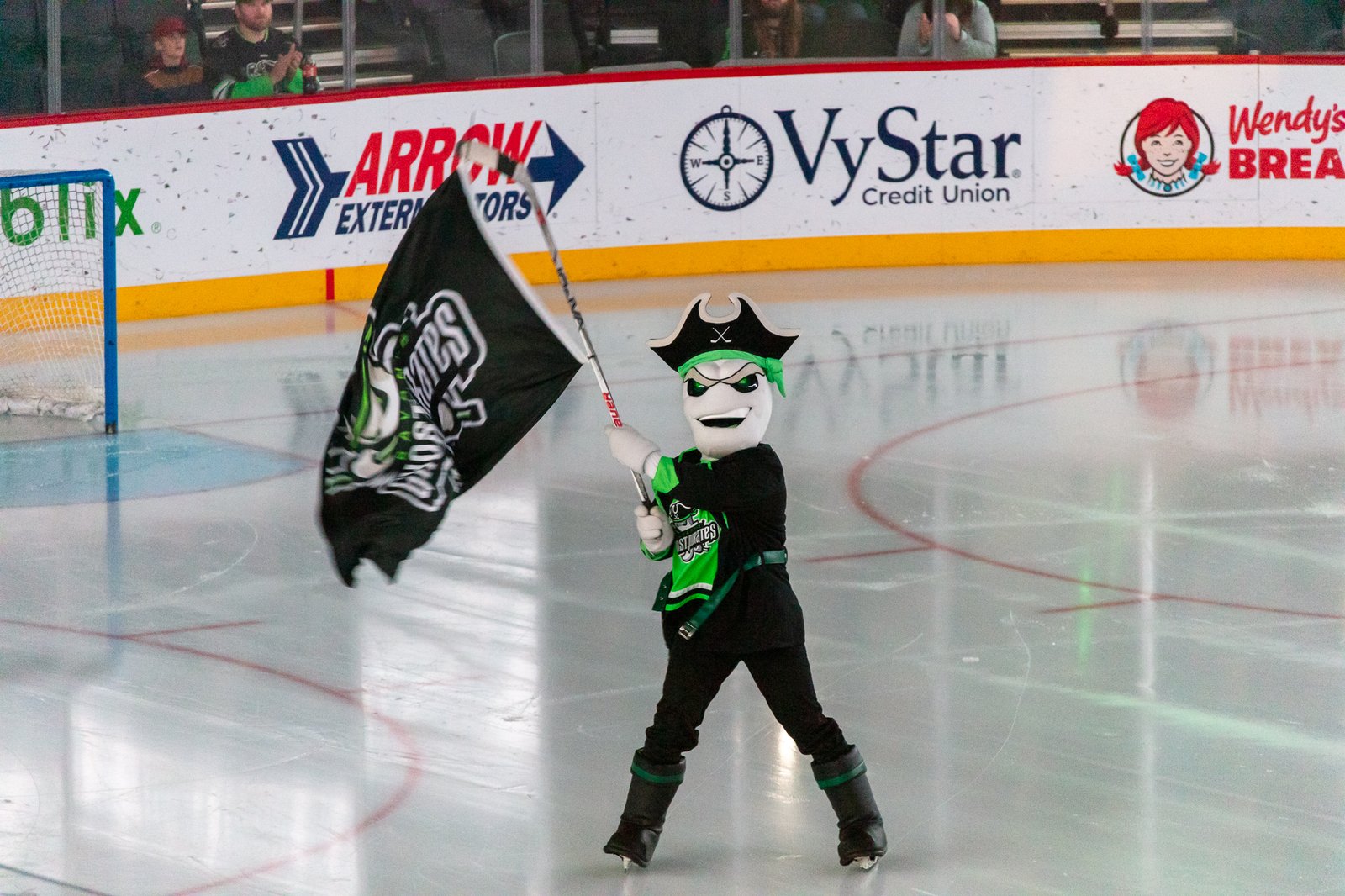Davy the mascot taking the ice